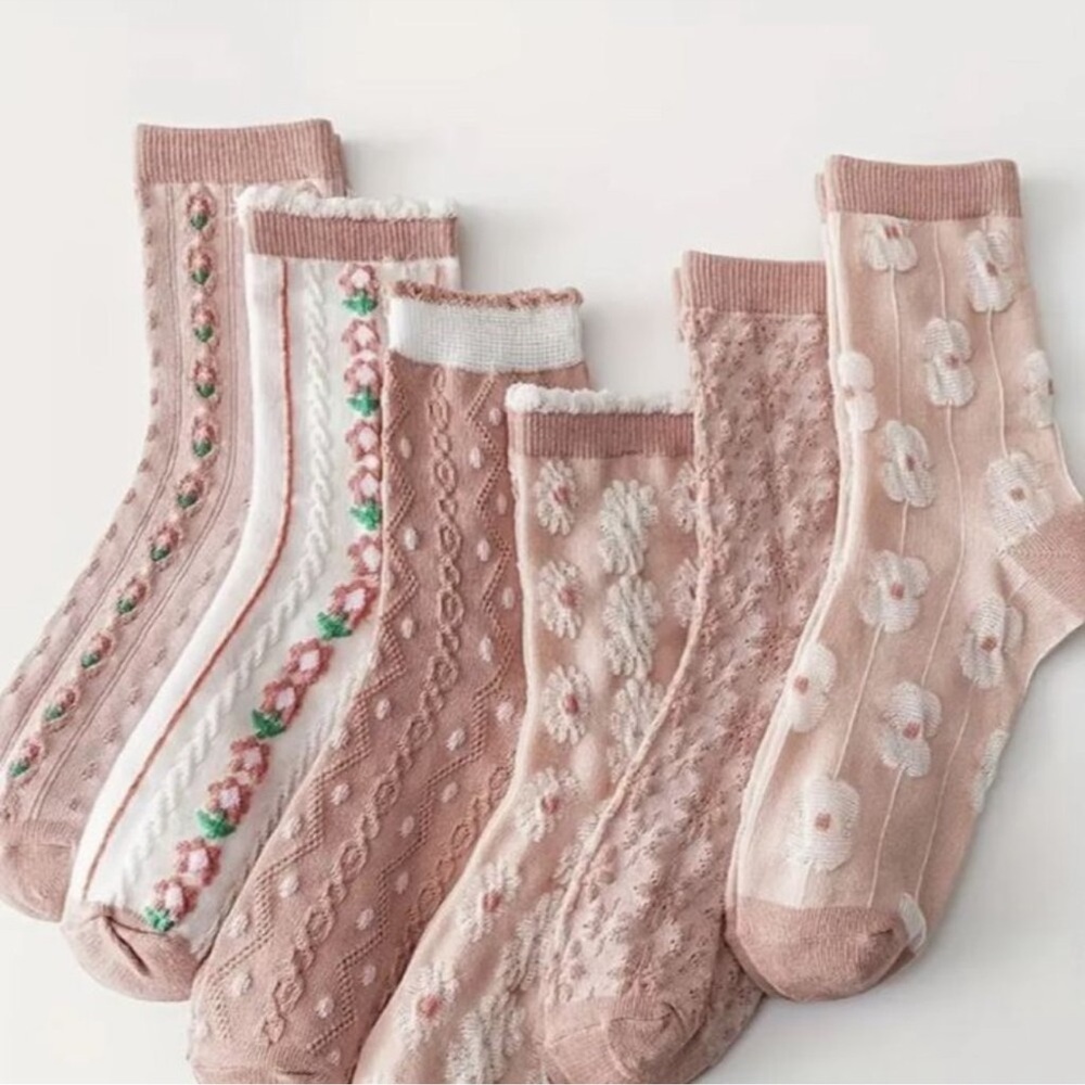NEW Lot 6 Pair Pink and White Floral Textured Socks Girly Sweet Cottage Core OS